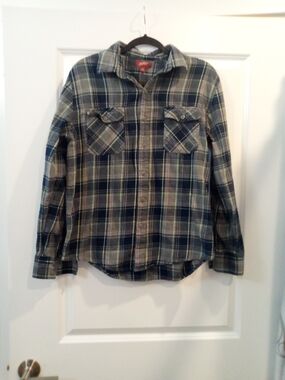 90s Style Mens Blue and Gray Plaid Button-Down Shirt Size Medium
